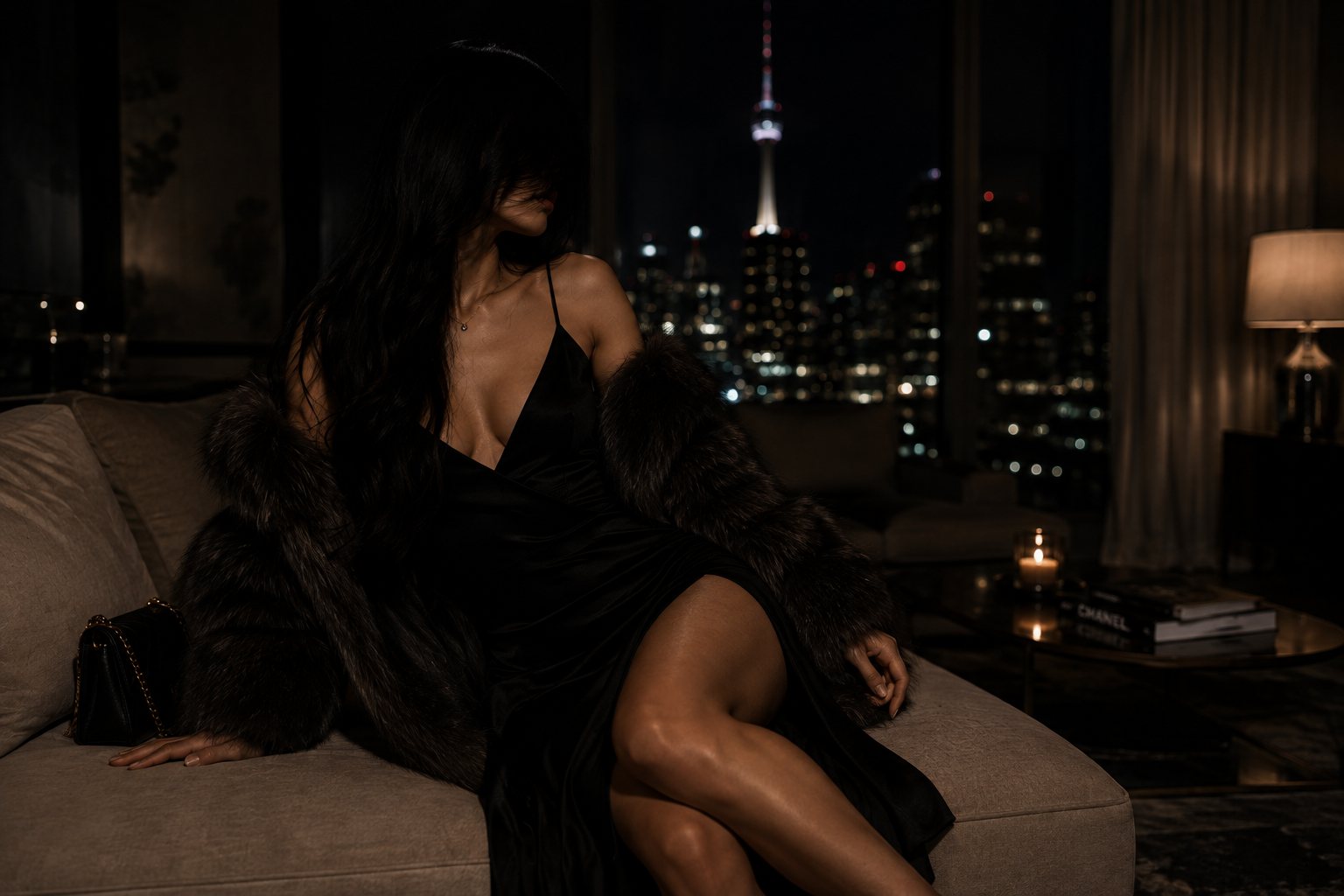 Chloe seated in a luxury lounge