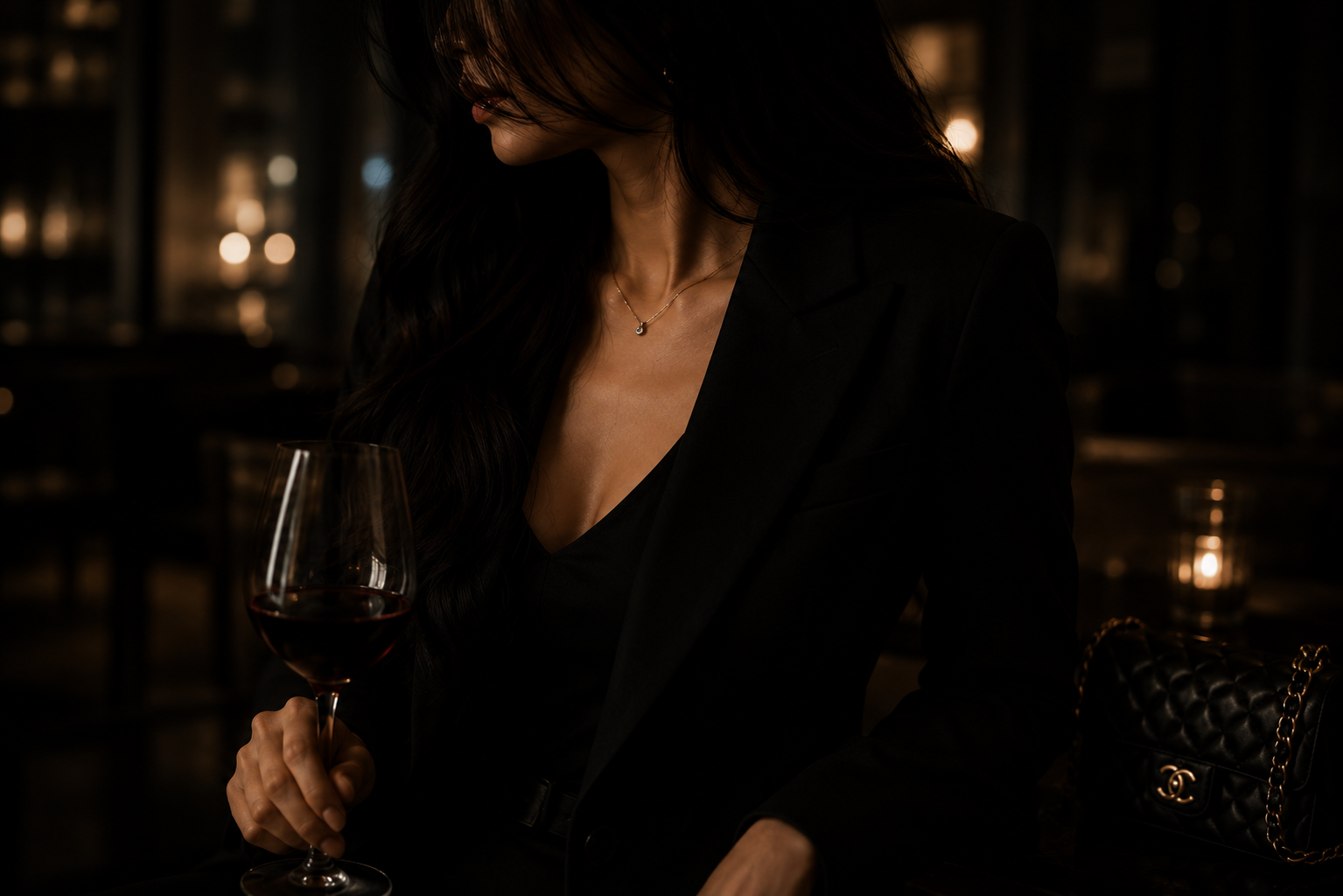 Chloe holding a drink in a warm indoor setting