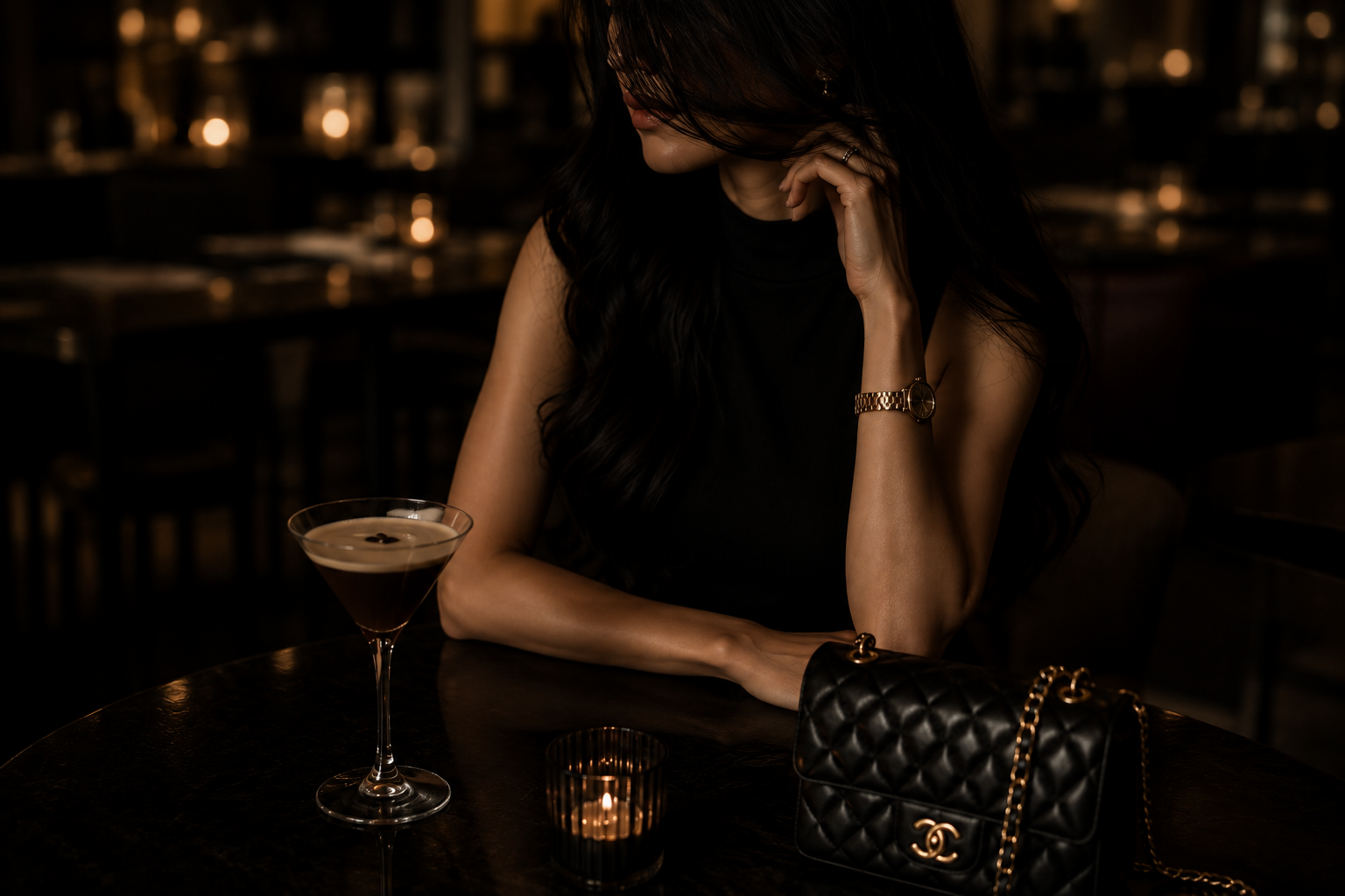 Chloe in a bar or cocktail setting