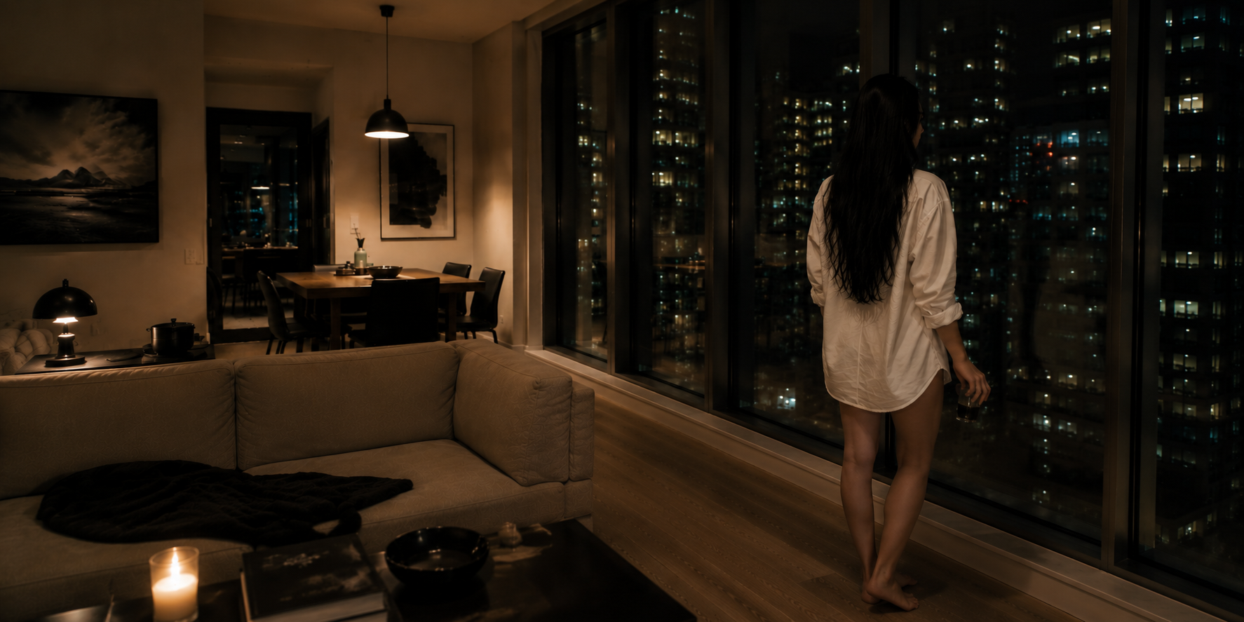 Chloe in eveningwear with a cinematic city mood